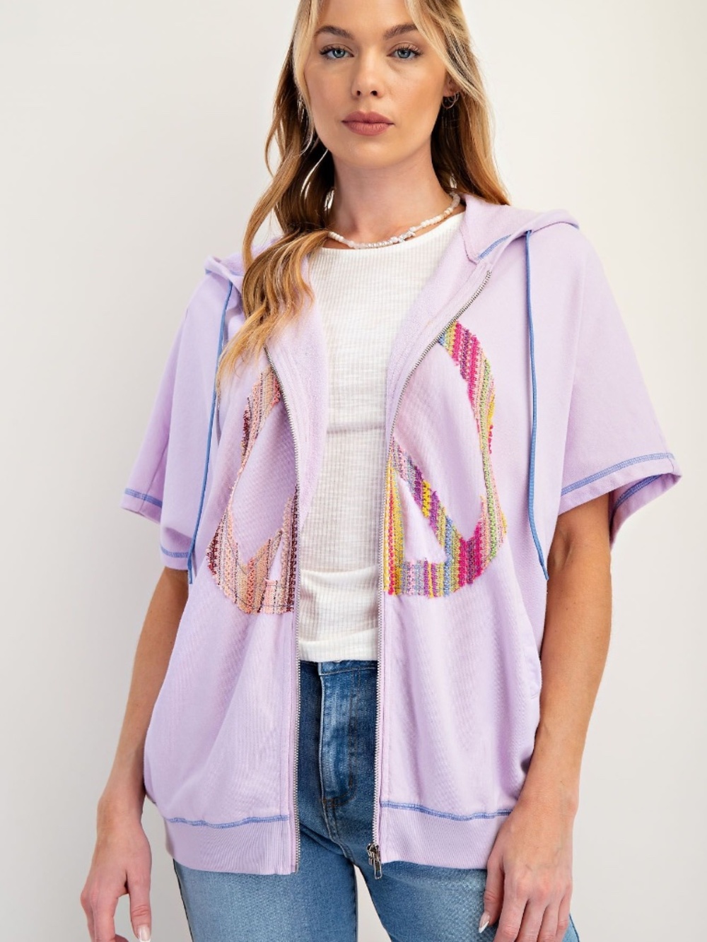 Easel Lavender Peace Patch Reverse Stitch Short Sleeve Hoodie top - Picture 3 of 5